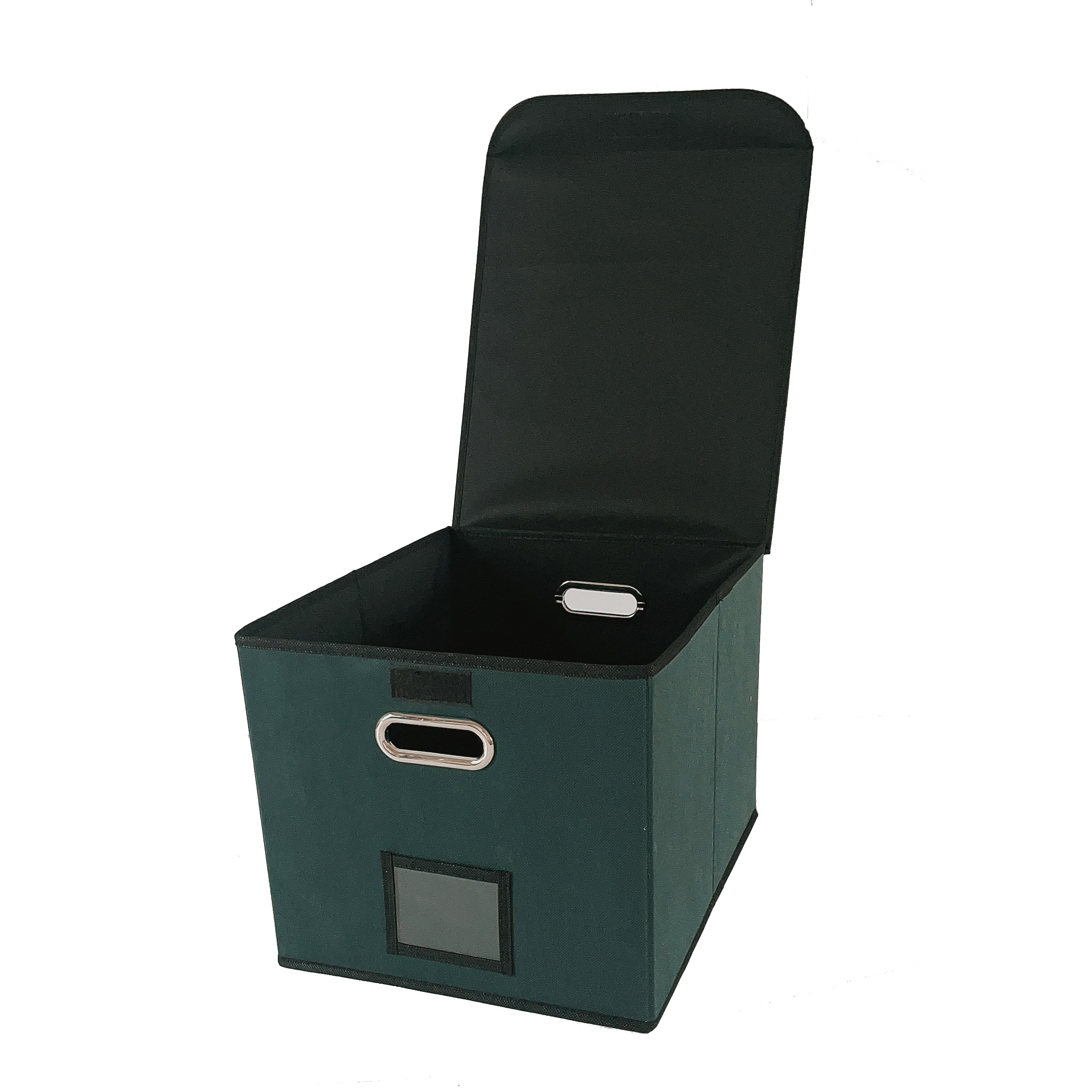 Green cube storage bin with magnetic flap lid